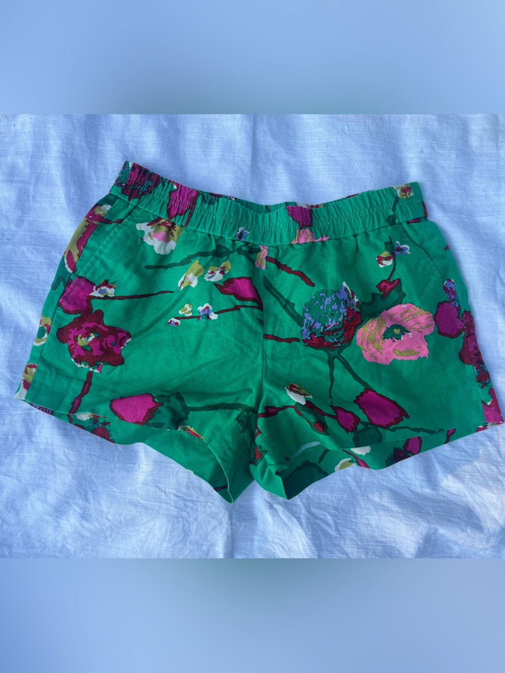 J. Crew Green Floral High-Waist Elastic Shorts